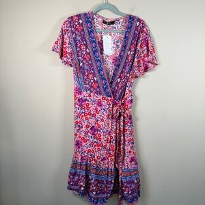 Zesica NWT Mixed Pattern Flutter Sleeve Wrap Mini Dress Large Cottagecore Boho